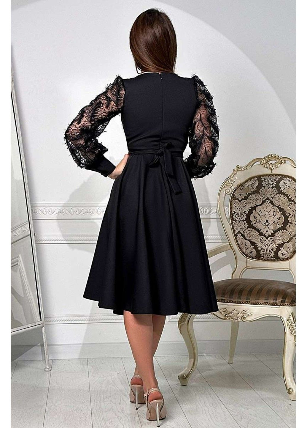 Черное коктейльное платье гипюр перо 24007 черное Tanita-Romario