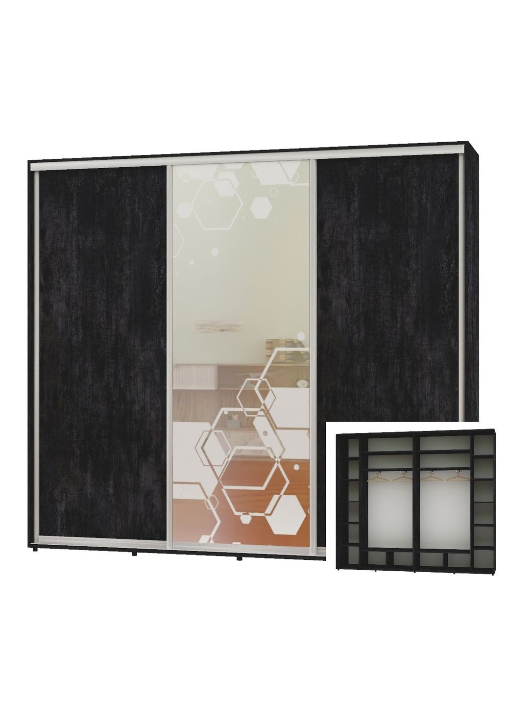 Шафа-купе тридверна 300*45*240 Бетон темний 2 ДСП/Дзеркало з піскострумним малюнком Люкс-149 Алекса (360469577)