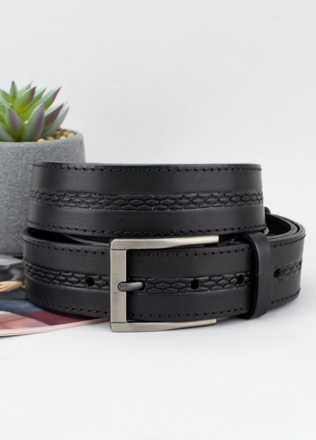 Ремень мужской кожаный батал SF-351 XXL (145 см) черный под брюки и джинсы SFIP (328198291)