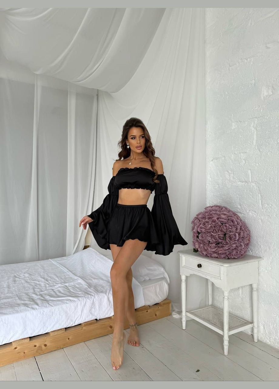 Чорна всесезон сатинова піжама, комплект для дому топ + шорти Україна