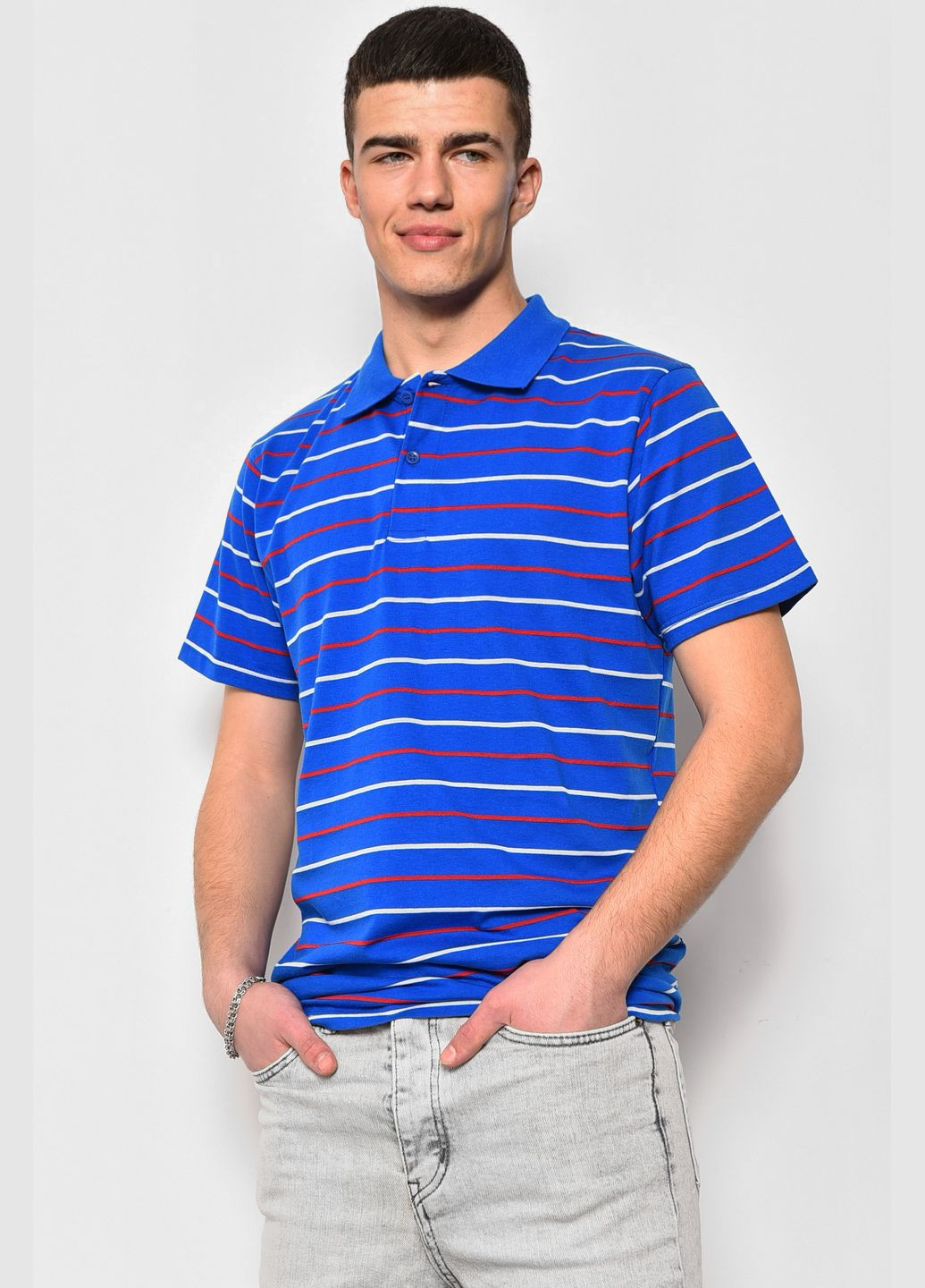 Синя футболка поло чоловіча в смужку синього кольору Let's Shop