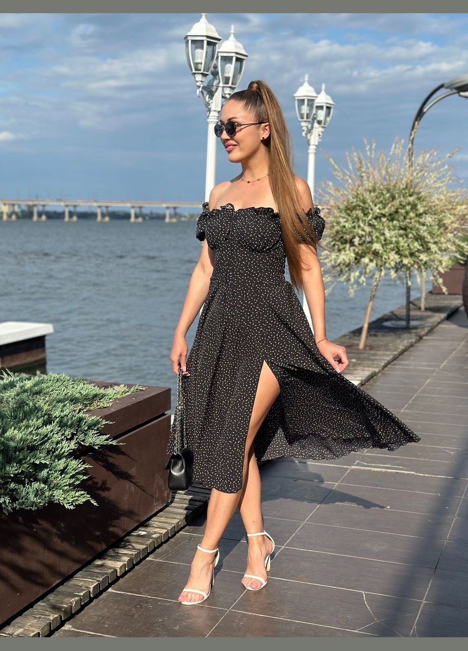 Чорна жіноча сукня міді софт чорний з білими крапочками Maybel