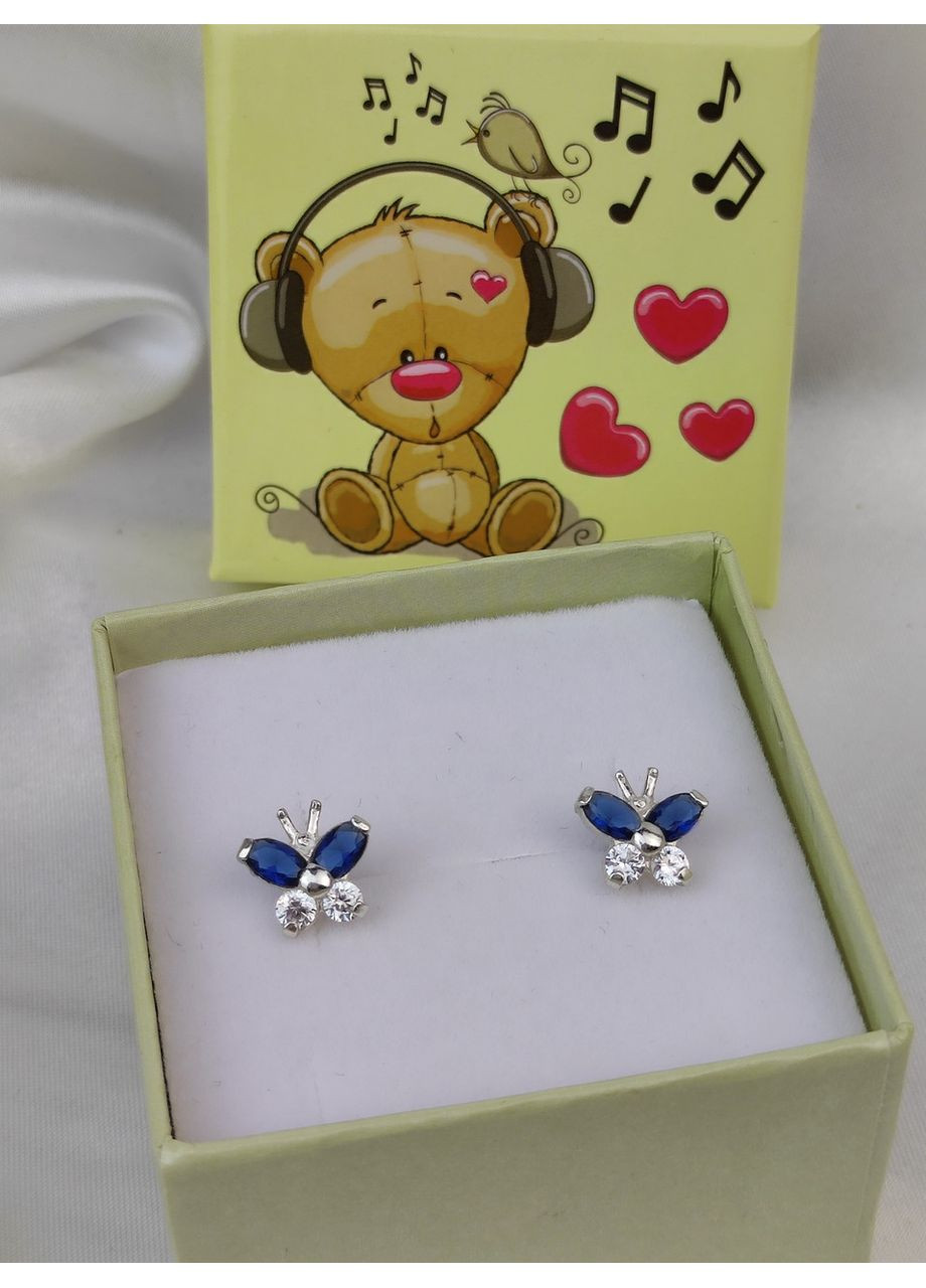 Срібні сережки пусети Метелики з синіми камінцями дитячі срібло 925 проби No Brand (367089330)