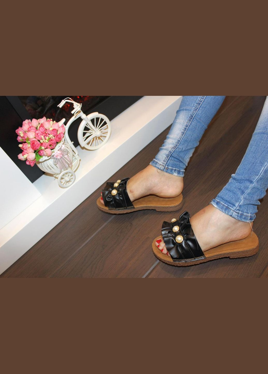 Черные шлепанцы женские летние черные No Brand с бусинами, без декора