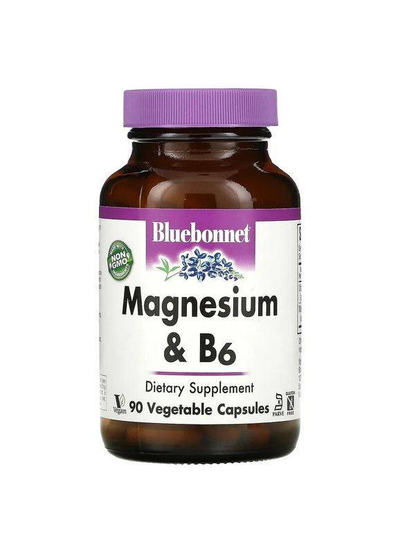 Магній та вітамін В-6, Magnesium Plus B6,, 90 капсул 0332 Bluebonnet Nutrition (364195119)