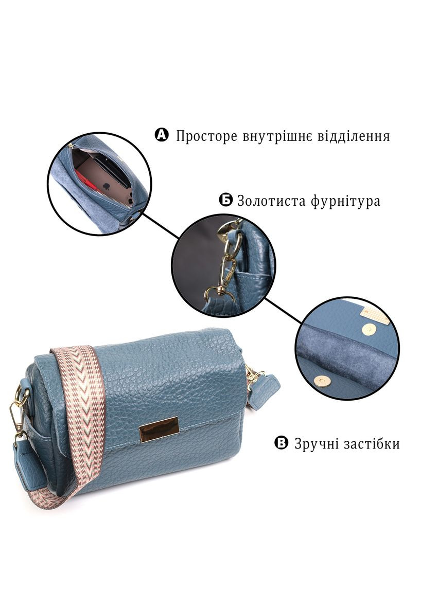 Шкіряна жіноча сумка через плече з оригінальною лямкою та кишенями синя (sku_22402) No Brand (329853515)