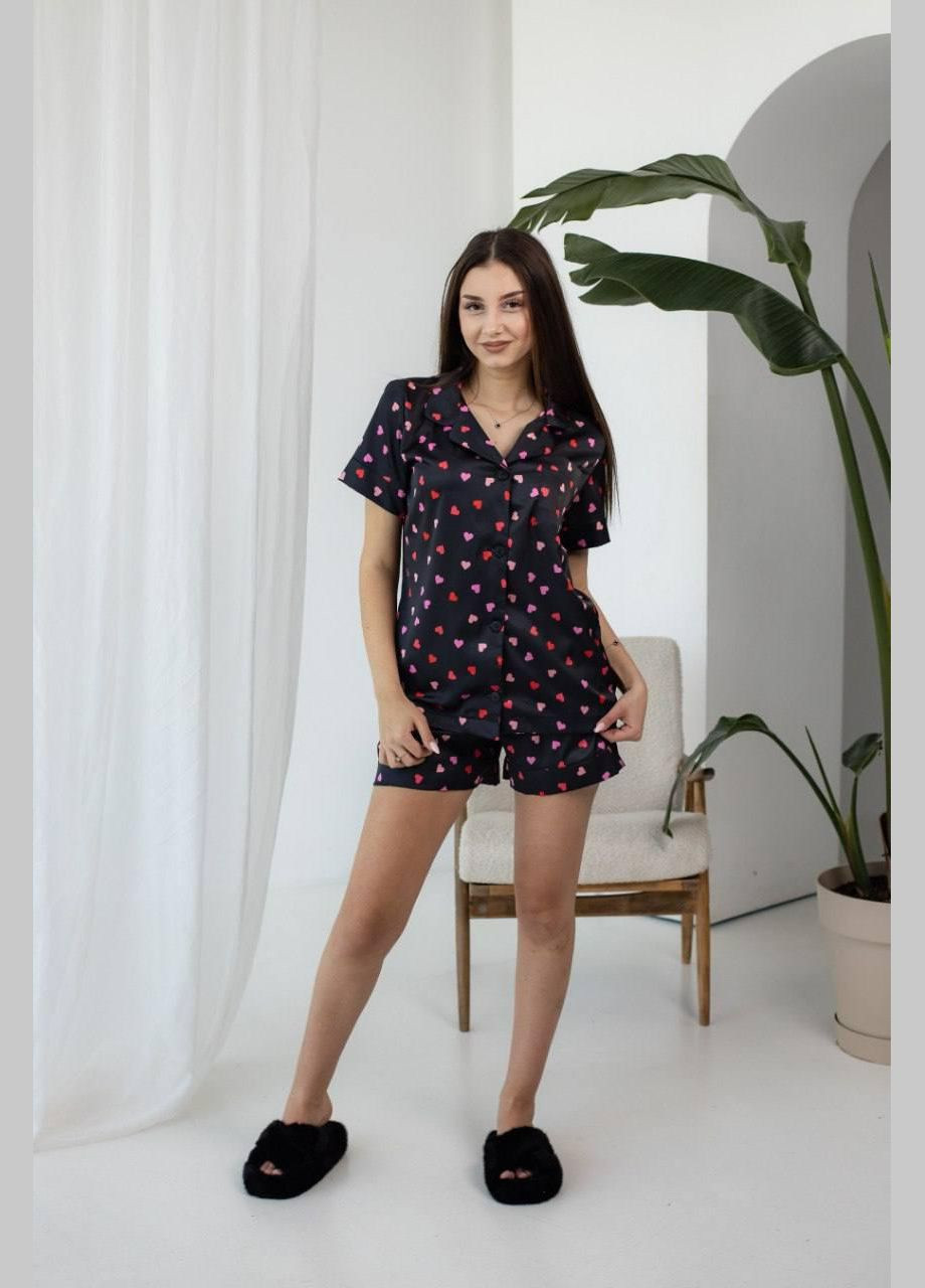 Чорна всесезон піжама шорти та сорочка жіноча сатинові чорний (п4к-mur-satin-pizham-002-02) No Brand