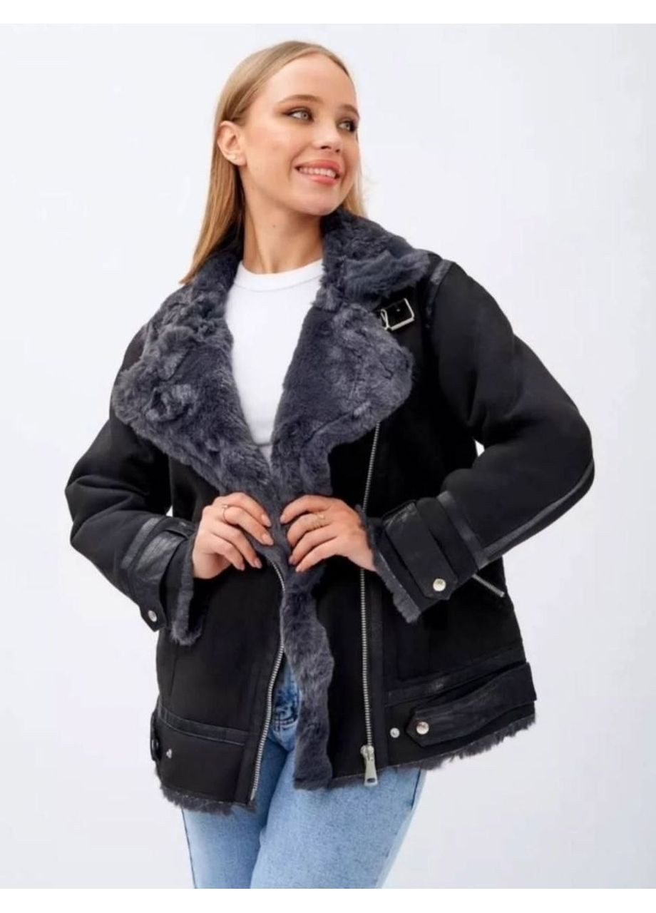 Женская дубленка удлиненная больших размеров черная с черным мехом You Best (369934520)