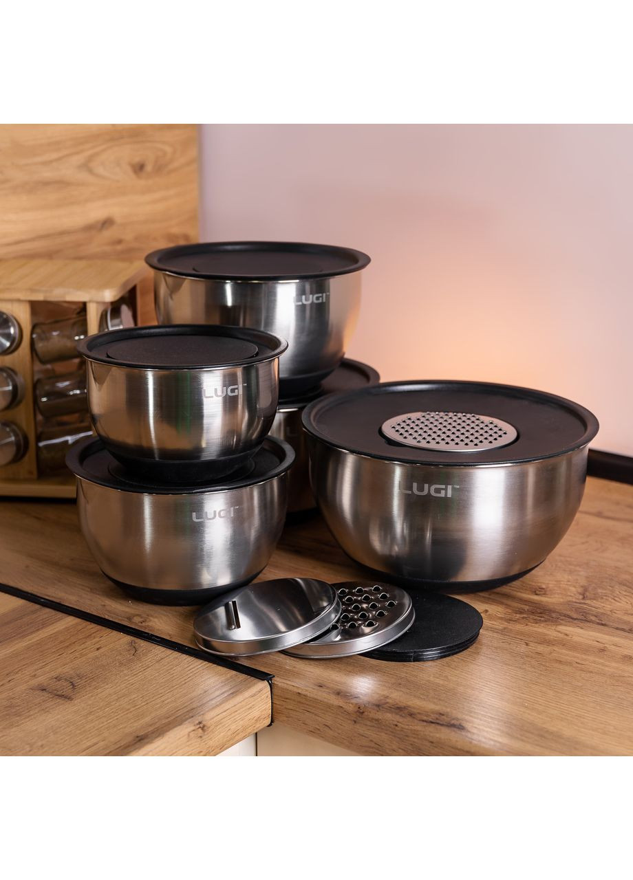 Набор мисок из нержавеющей стали 5 штук с крышками терки для кухни салатники для хранения еды ProDobro (364189751)