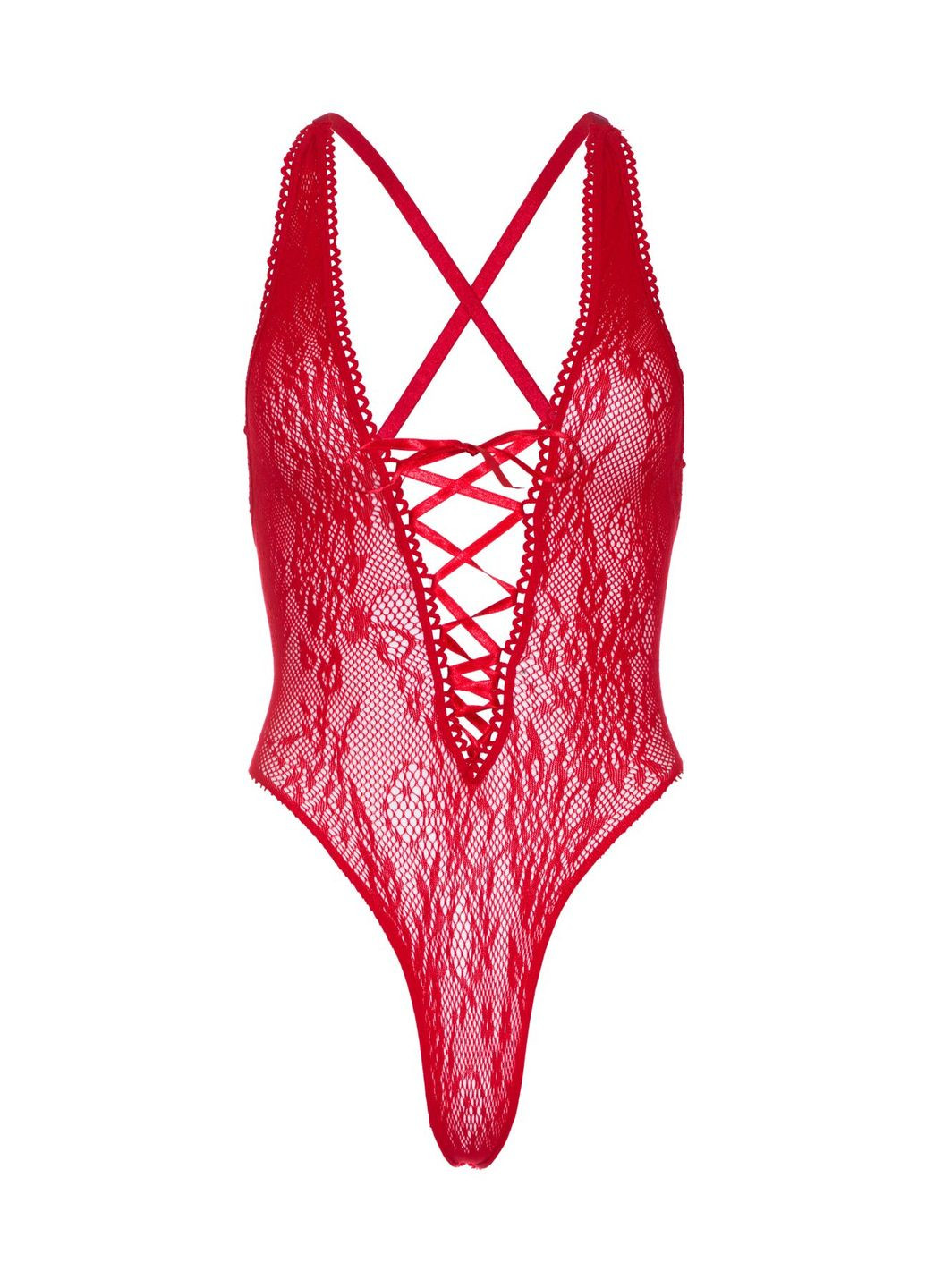 Еротичний боді глибоким декольте і V подібним вирізом на шнурівці та відкритою спиною червоного кольору розмір Оne size Leg Avenue (297656384)