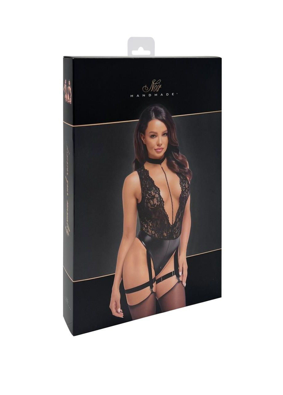 Боді Noir Handmade F297 Libido Deep-V з коміром, перлинним ланцюжком і підв’язками Collar (303907762)