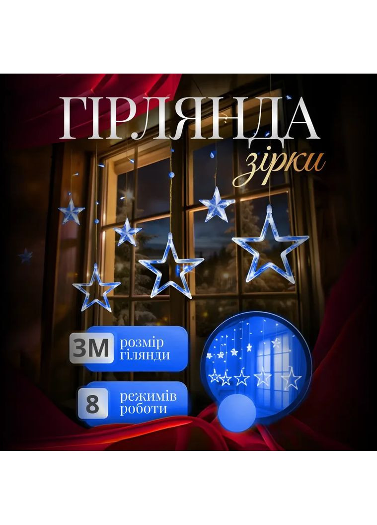 Электрическая гирлянда Звезда штора 3 метра на окно для фотозон синяя WYF11BL Garlando (370800577)