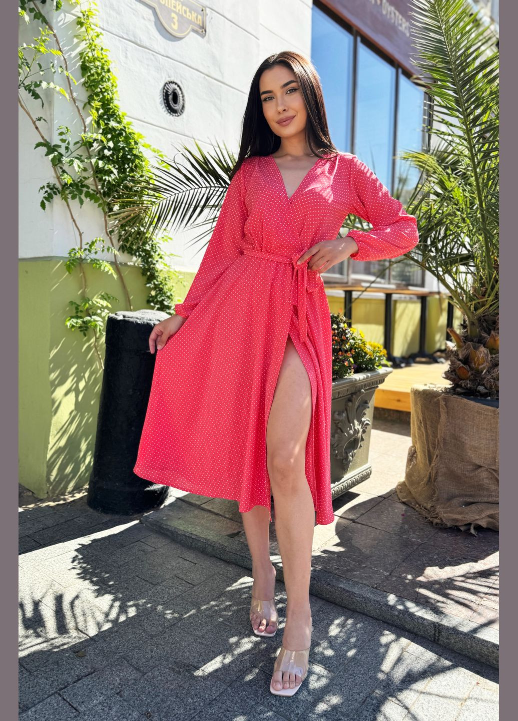 Коралова повсякденний, кежуал легка елегантна жіноча сукня на запах на запах INNOE