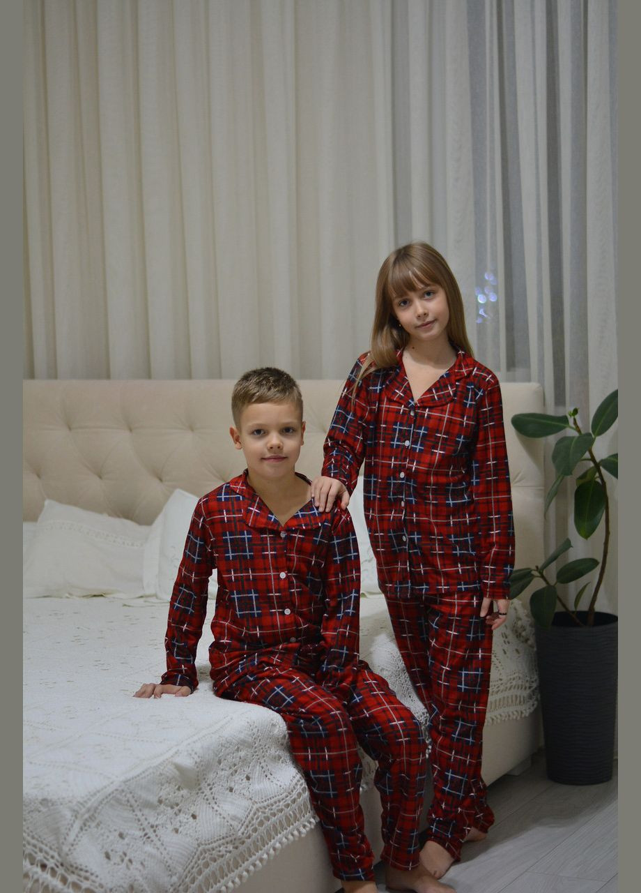 Красная зимняя детская пижама размери 134-158 для девочки на пуговицах флис (штаны и кофта) красная клетка кофта + брюки SNS