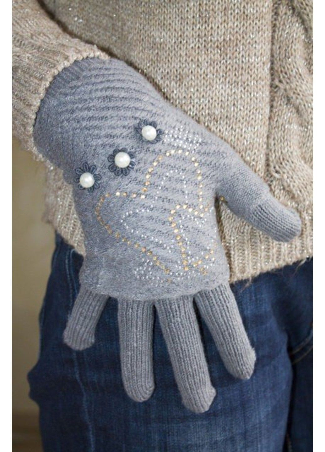 Сірі в'язані жіночі рукавички-мітенки Shust Gloves (362623986)