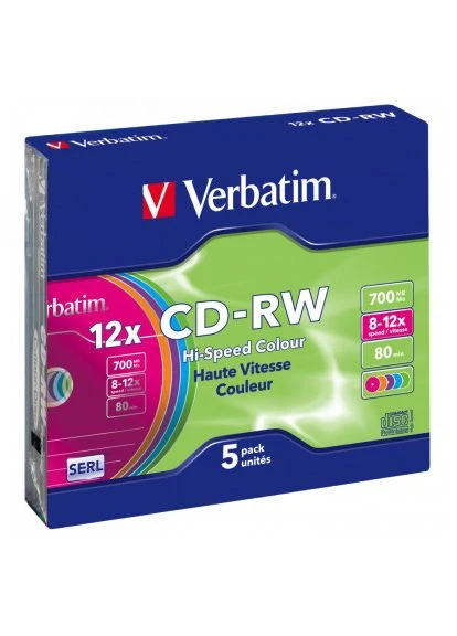Диск CD (43167) Verbatim CD-RW 700Mb 12X SlimBox 5шт Color (393182896)