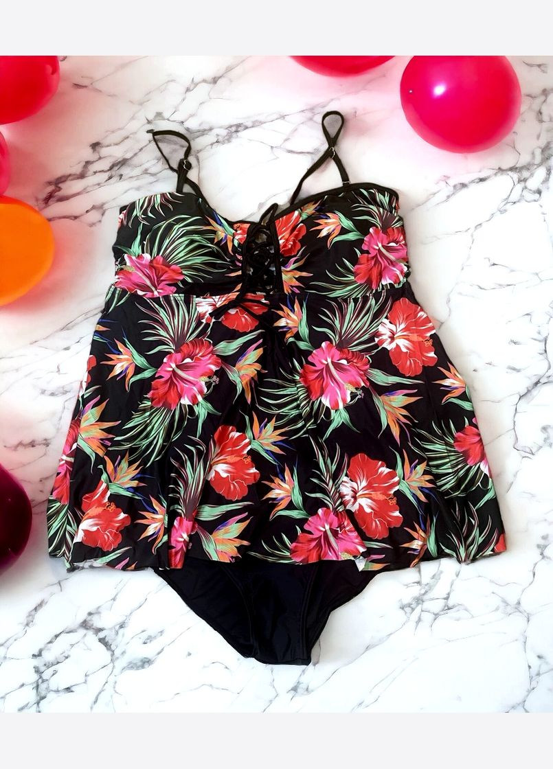 Чорно-білий літній купальник-сукня жіноча роздільна танкіні великий розмір чорний зі шнурівкою й квітами купальник-сукня, танкіні No Brand 1500