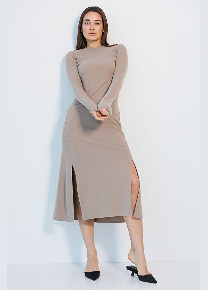 Бежевое трикотажное платье в рубчик бежевое с двумя разрезами спереди Arjen