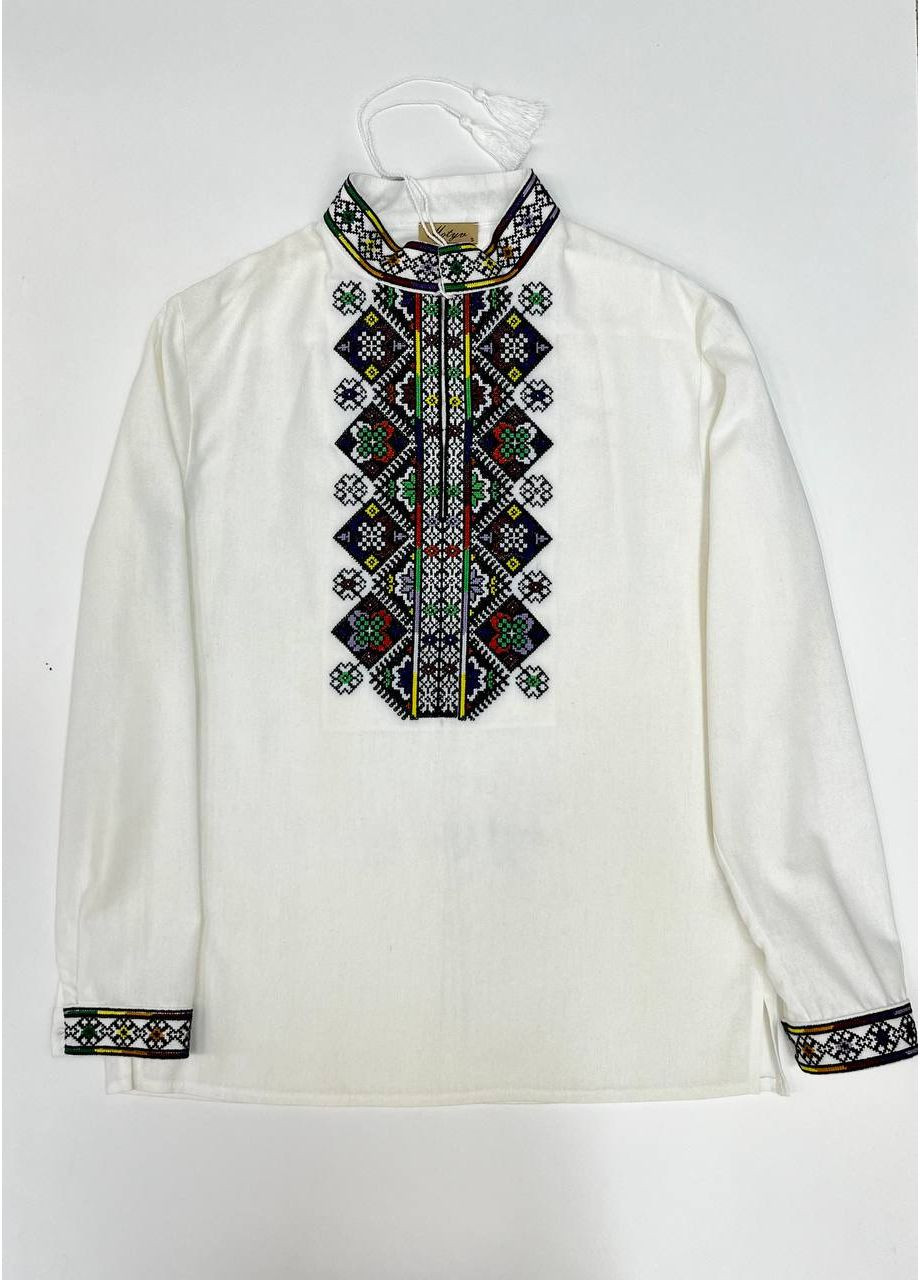 Белая белая льняная мужская вышиванка мозаика MOTYV узор орнамент лен (361361115)