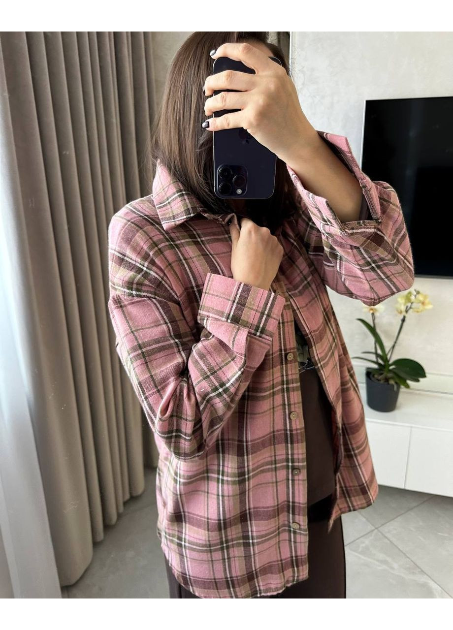 Розовая повседневный рубашка в клетку DK/DL Мода без кордонів с длинным рукавом