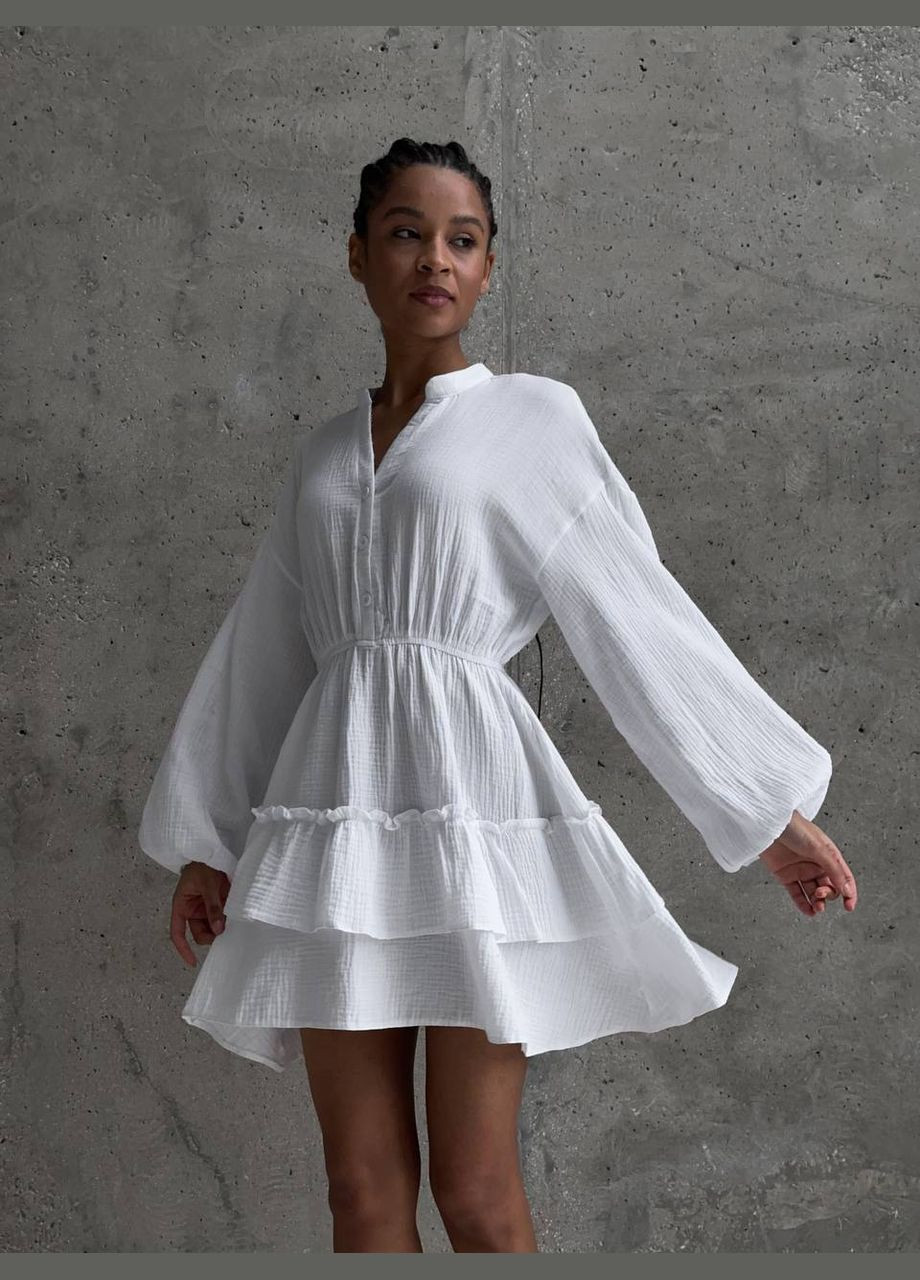 Білий повсякденний жіноче муслінове плаття з рюшами кльош Україна однотонна