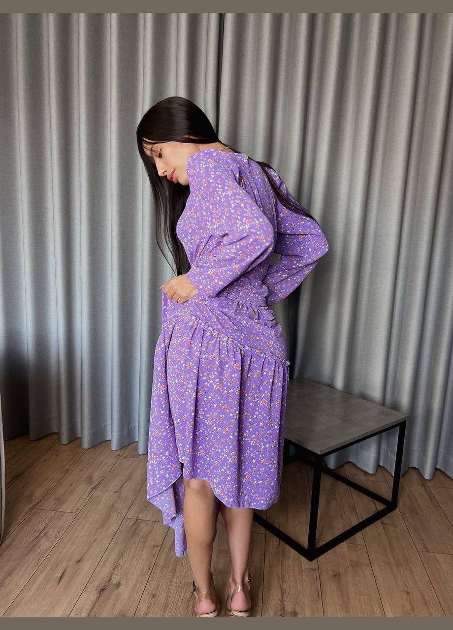 Бузкова повсякденний повітряна сукня мідi у квітку бузкового кольору 31531 кльош No Brand з квітковим принтом