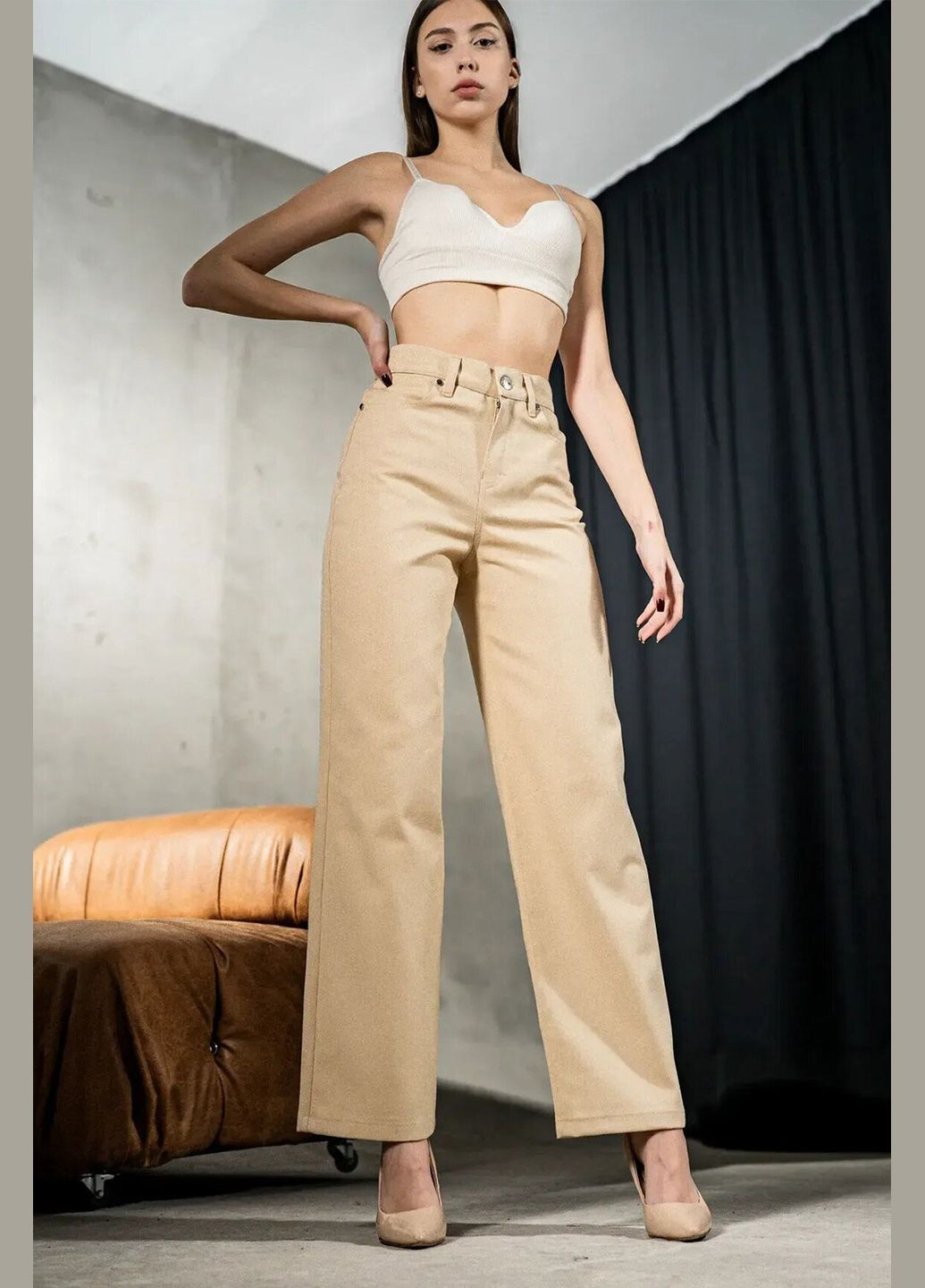 Брюки женские из джинс-котона прямые Wide Песочные Teamv - (323000558)