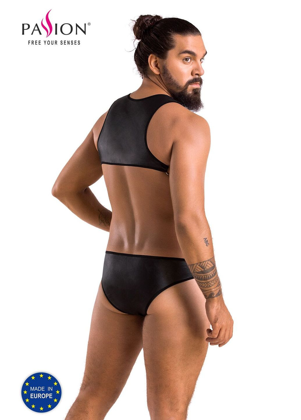 Чоловіче шкіряне боді Adam, чорне, заклепки Passion (297393994)