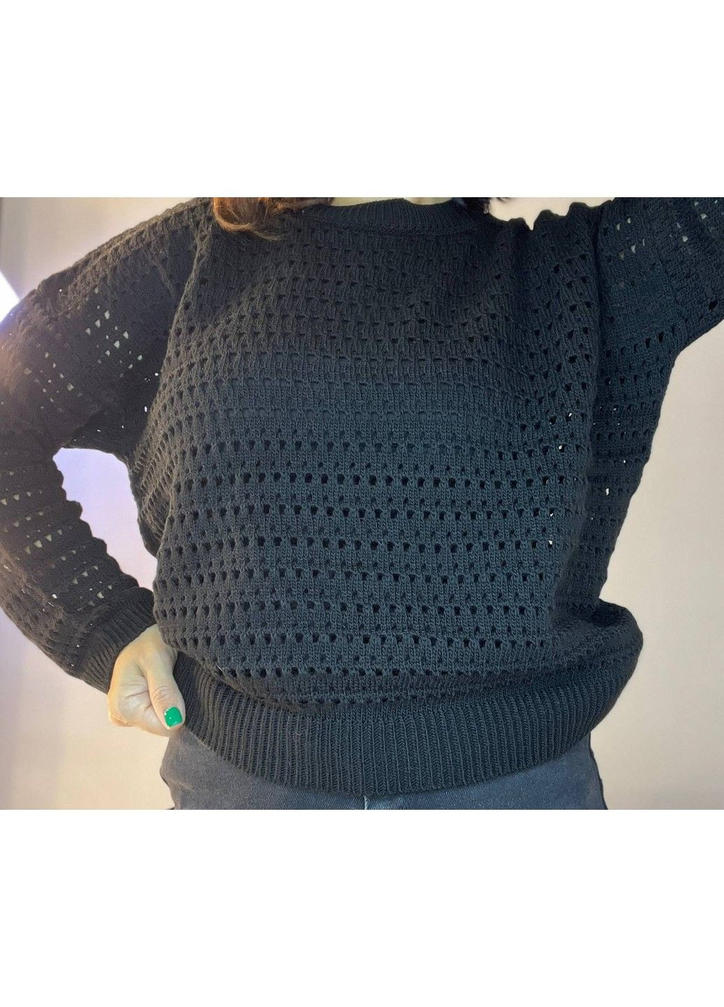 Черный демисезонный свитер женский 6766 ажурная вязкая прозрачная сетка паутинка MIX RAY