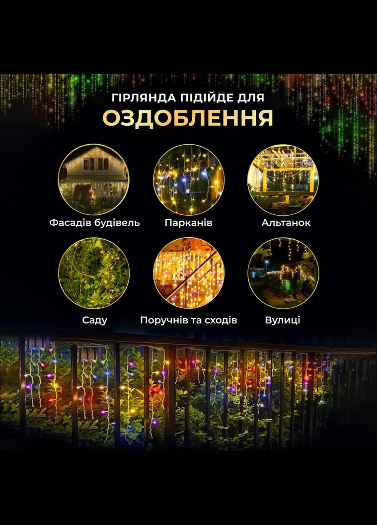 Уличная гирлянда бахрома 20 (м) 390 led светодиодов наружная мультиколор черный провод Garlando (306848867)