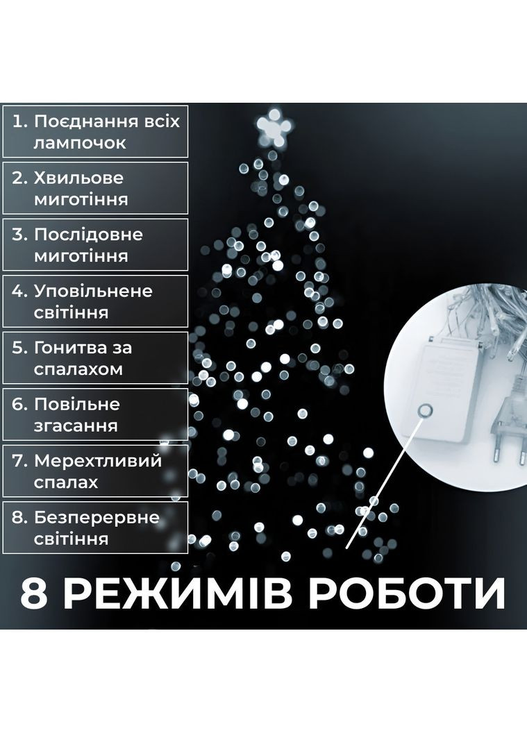 Гирлянда нить 22м на 218 LED лампочек светодиодная черный провод 8 режимов работы Белый M500LEDW Garlando (366963698)