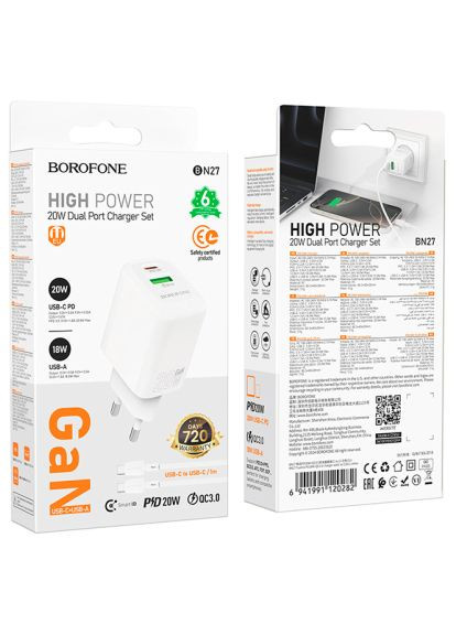 Зарядное устройство BN27 Fuente 1xUSB-C PD20W + 1xUSB QC3.0 + cable USB-C to USB-C White (6941991120282) Borofone BN27 Fuente 1xUSB-C PD20W + 1xUSB QC3.0 + cable US (370017242)