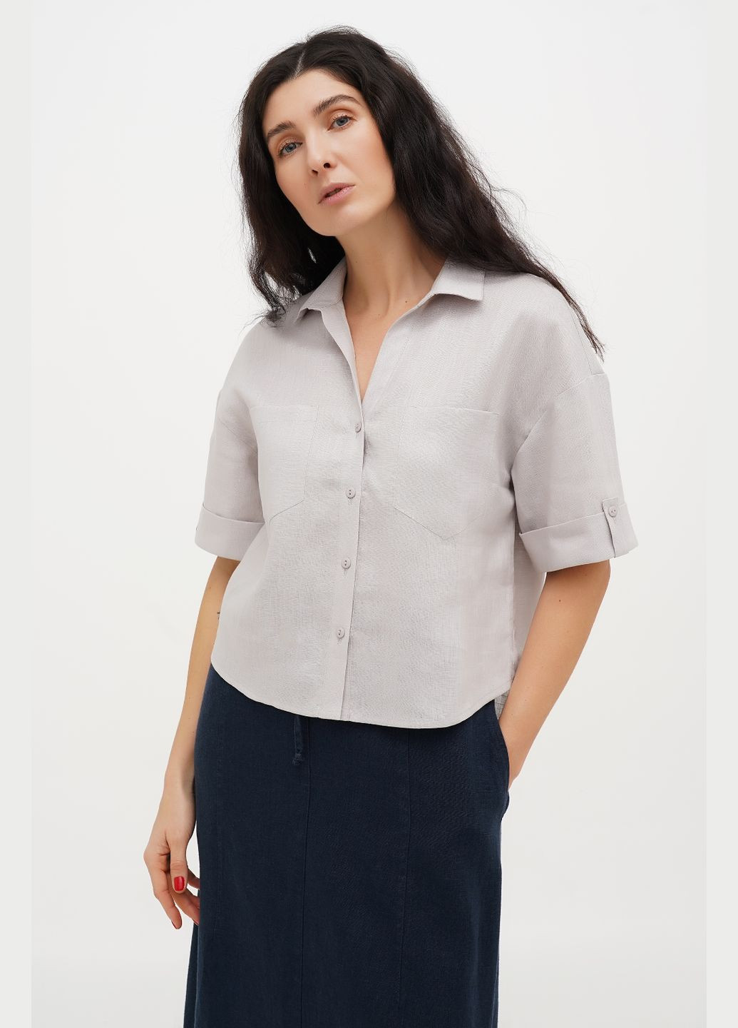 Біла вишиванка. жіноча лляна коротка сорочка кроп топ з комірцем та вишивкою на спині бонжур., р., код 9337/52/530 ГАЛЕРЕЯ ЛЬОНУ