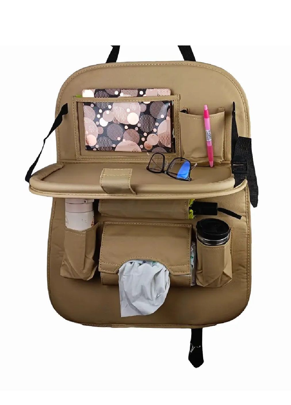 Автомобільний органайзер на спинку сидіння з ущільненим відкидним столиком екошкіра 63х47 см (476725-Prob) Бежевий Unbranded (289458319)