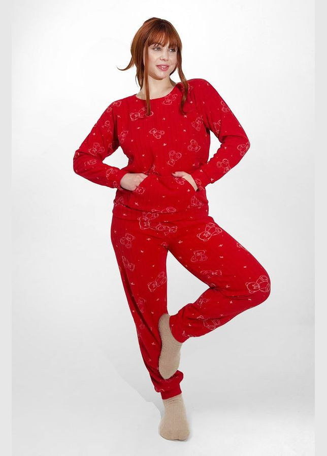 Червона зимня флісова піжама в рубчик лонгслів + брюки Pijamoni 3730-16 red