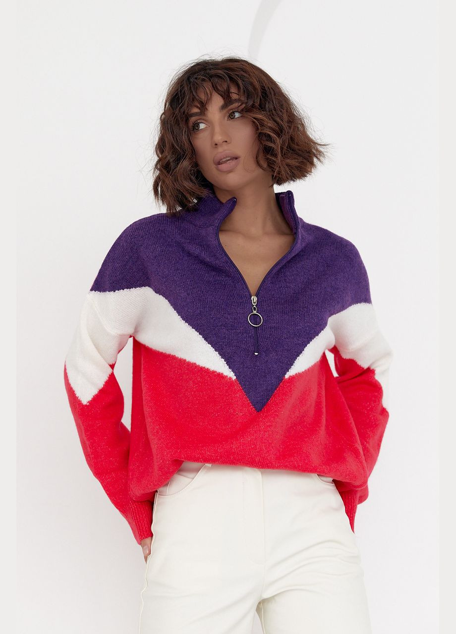 Женская трехцветкая кофта с молнией на воротнике - красный Lurex (314901546)