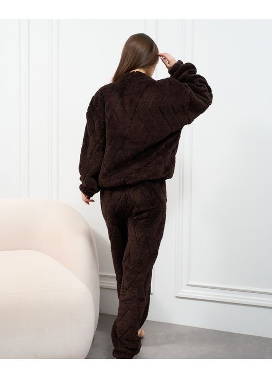 Темно-коричневая зимняя махровая пижама на эластичных манжетах свитшот + брюки ISSA PLUS