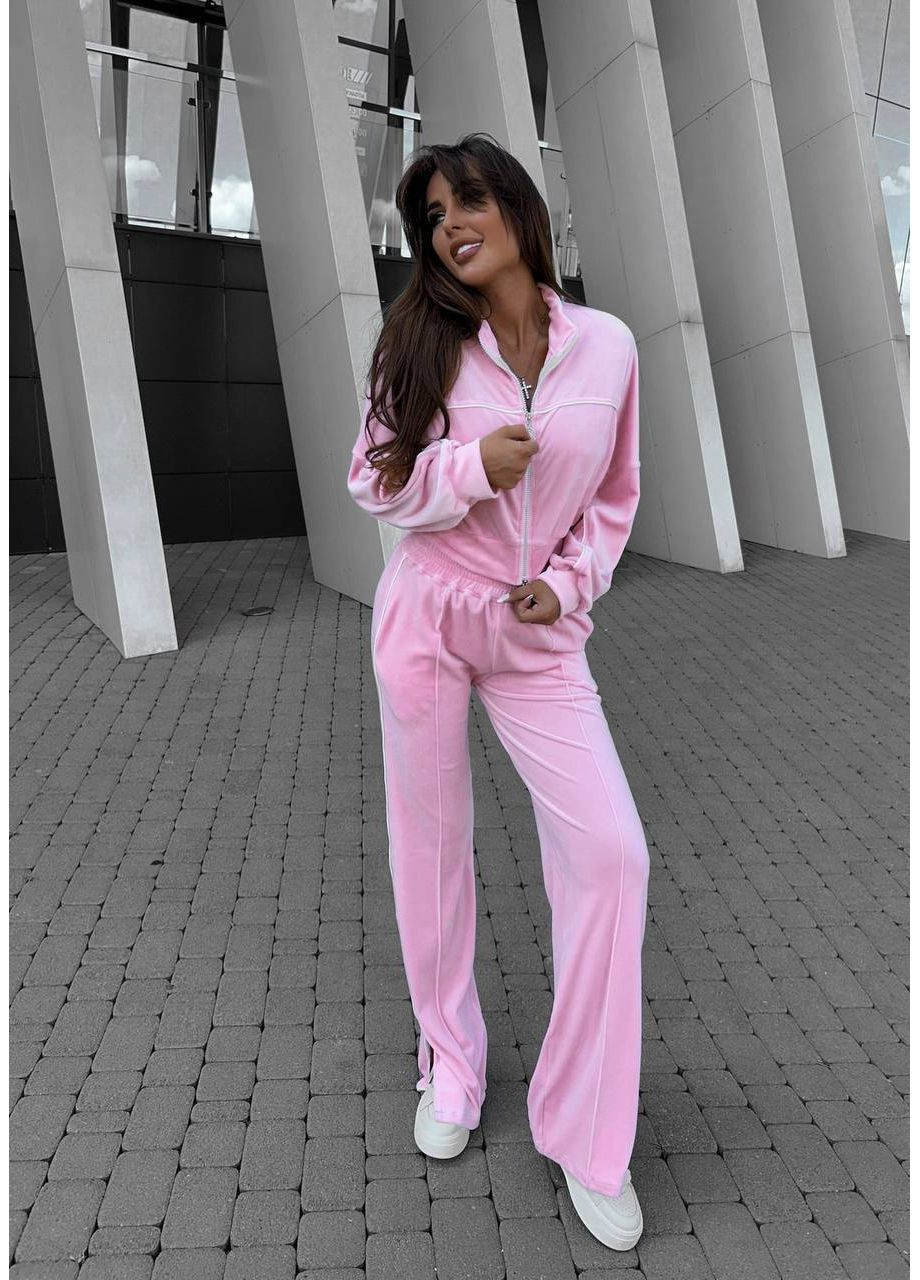 Жіночий велюровий костюм двійка: укорочена кофта на блискавці та брюки з високою посадкою MonCher (355801758)