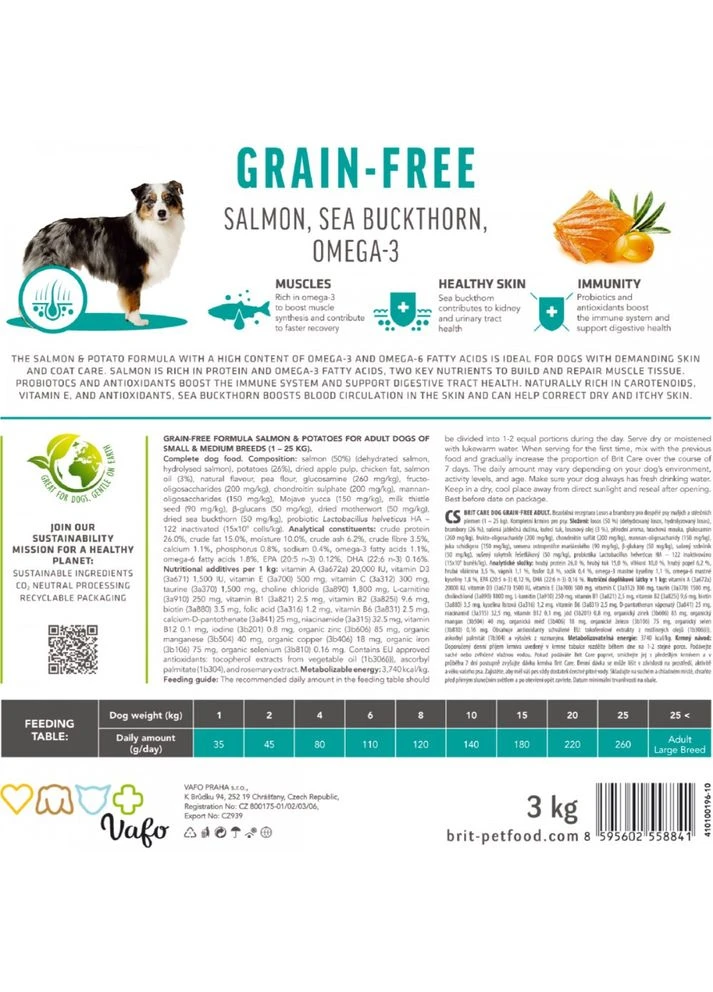 Корм сухой Dog Grain-free Adult для взрослых собак малых и средних пород беззерновой с лососем 1 кг Brit Care (393659650)