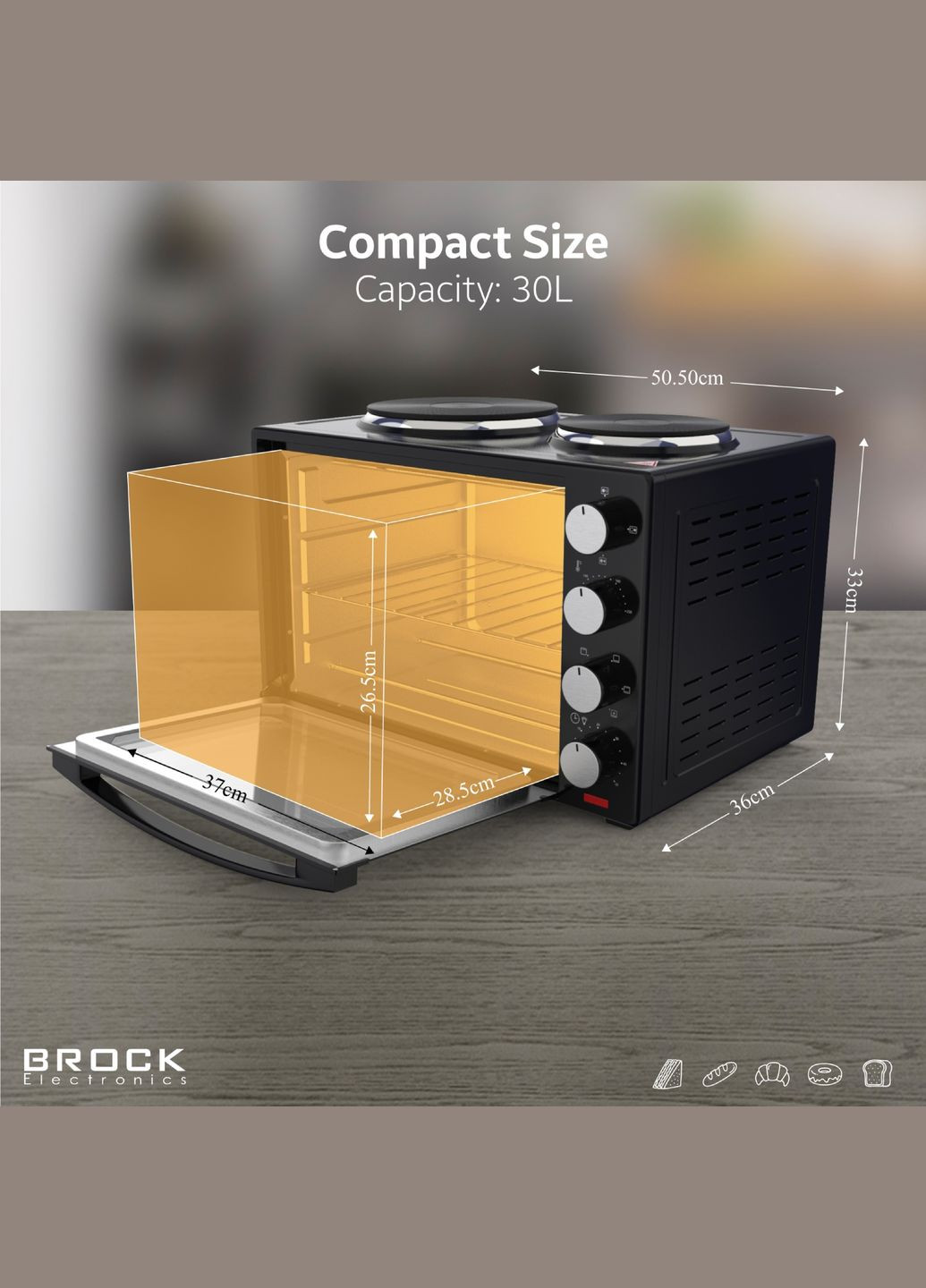 Электрическая печь TO 3002 B 1600Вт/ 30л /электроплита/ механическое управление/черная BROCK (315799261)