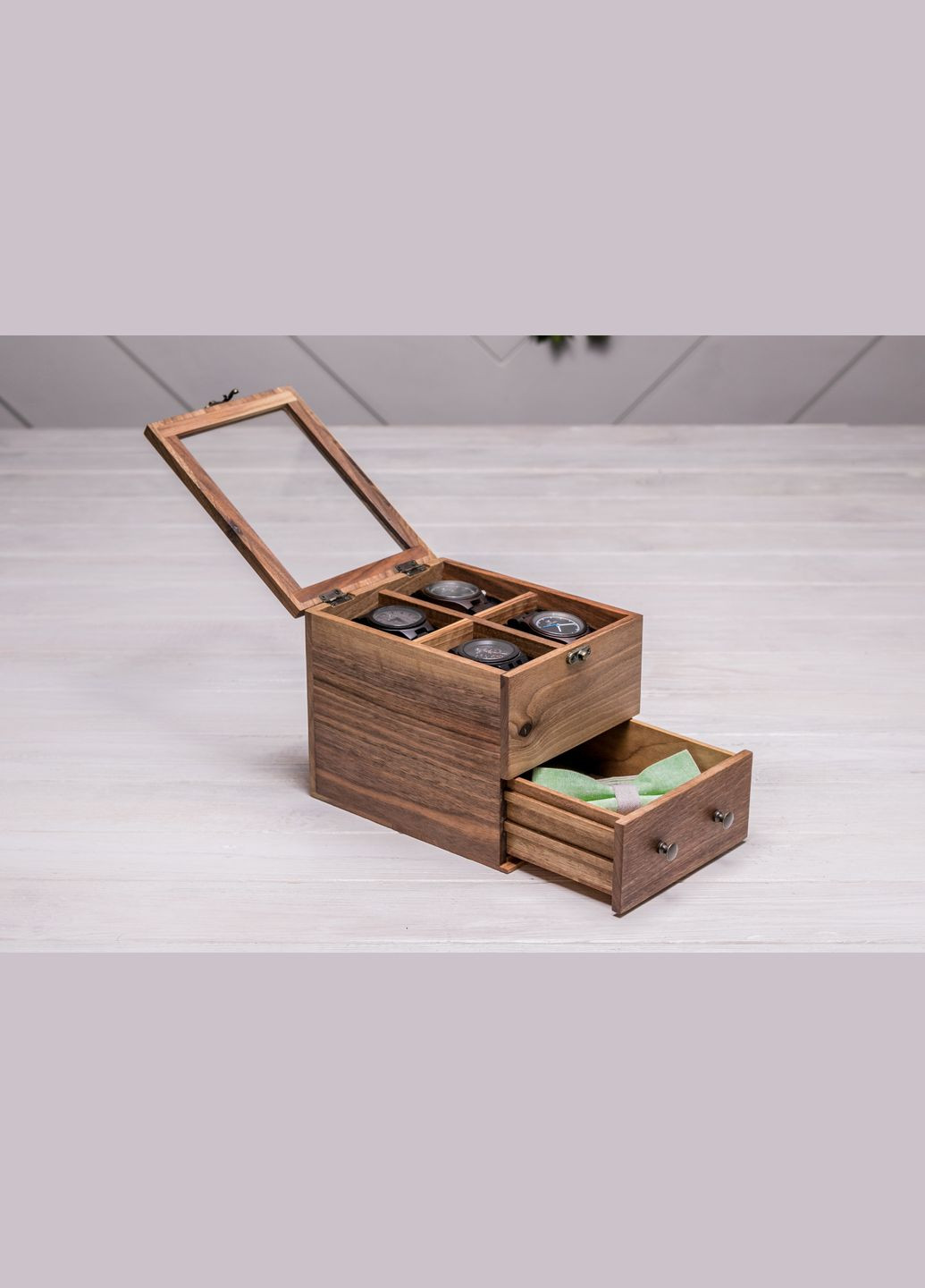 Коробочка для годинників зі скляною кришкою з ящиком 4 EcoWalnut (295266104)