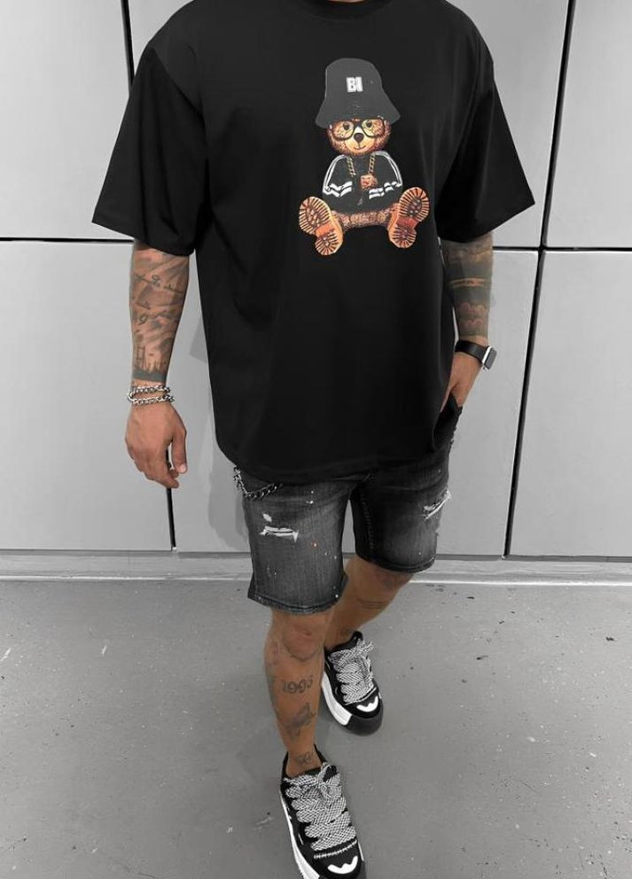 Чорна чорна чоловіча футболка з дтф принтом (оверсайз) No Brand