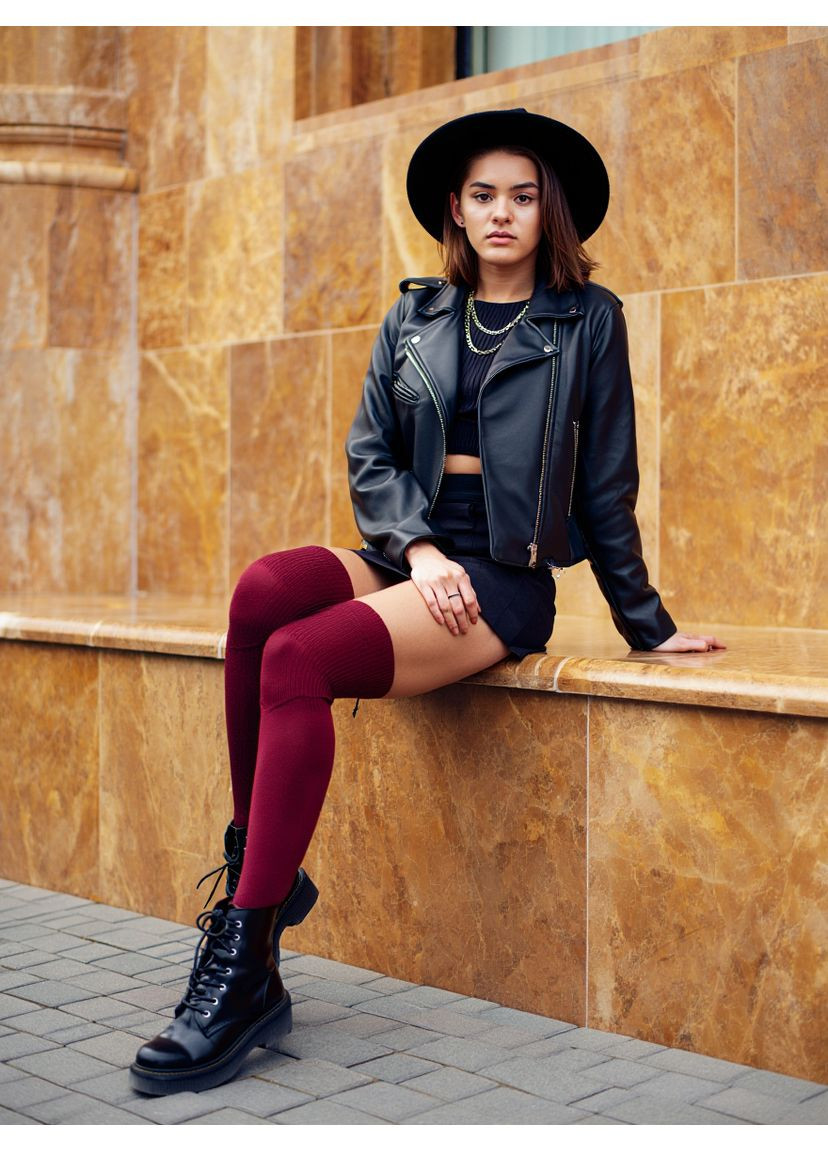 Жіночі бардові панчохи з вовни мериноса вижче коліна No Brand (361248342)