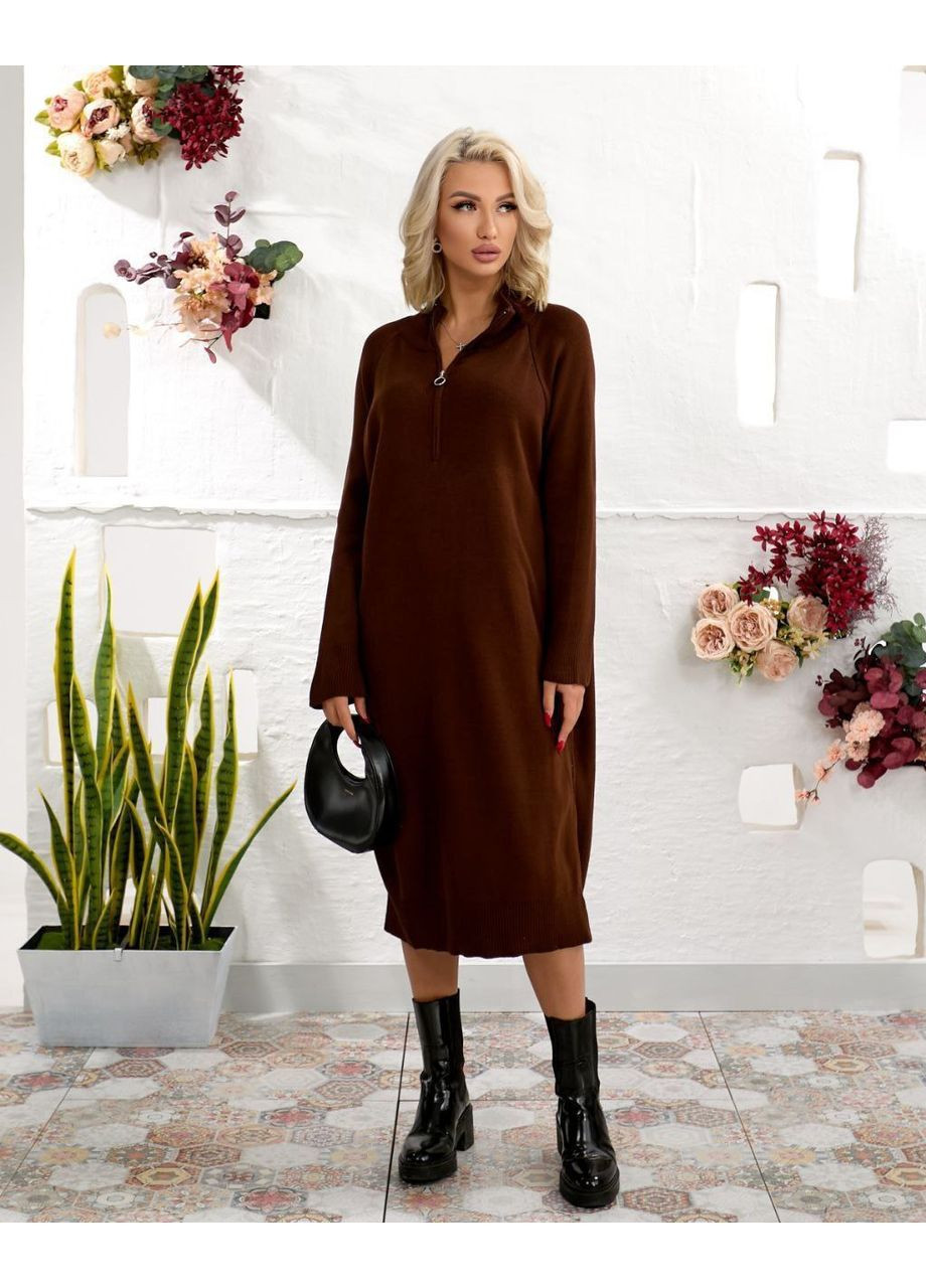 Коричневое праздничный платье оверсайз с молнией, теплая вязка — замеры в описании силуэтная DK/DL Мода без кордонів однотонное