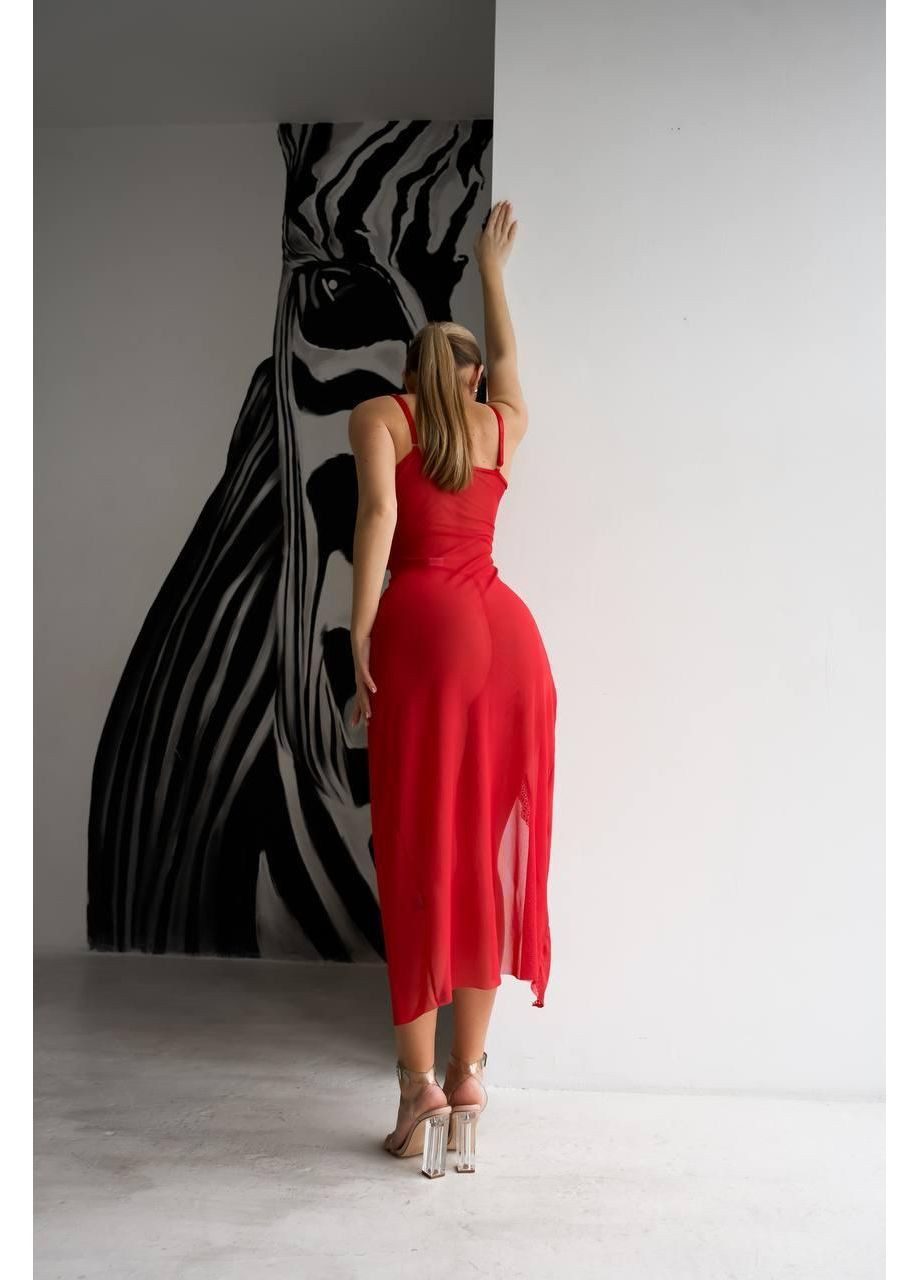 Пеньюар довгий + трусики, мереживо, розріз спереду / Комплект: червоний довгий пеньюар та трусики, прозорий, святковий, е No Brand (366571639)