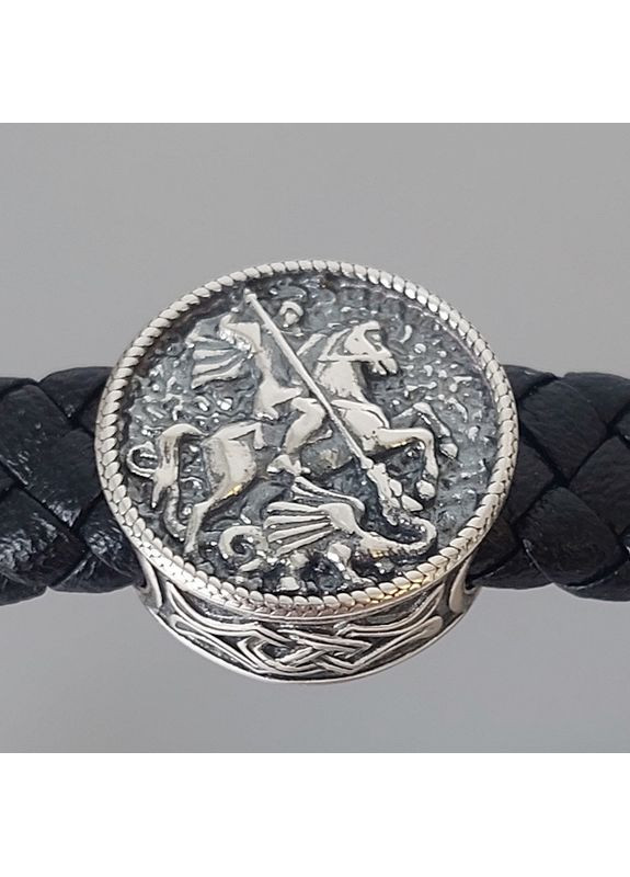 Браслет Георгій Побідоносець з молитвою зі срібла та шкіри, 21 см No Brand (368999605)