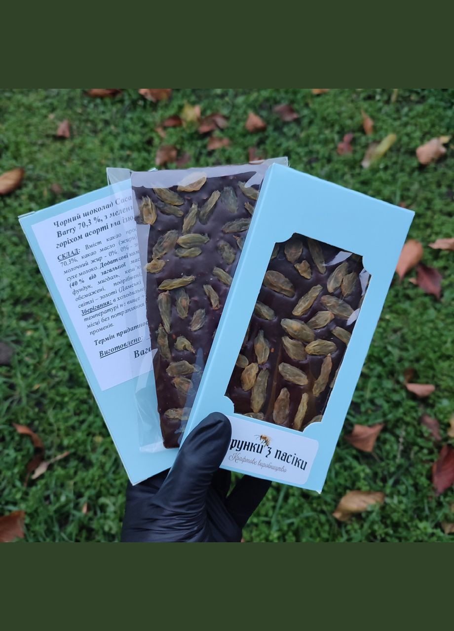 Черный шоколад 70,3% с измельченным орехом ассорти и изюмом 100 г крафтовое производство МЕД ПОШТОЮ (322148717)