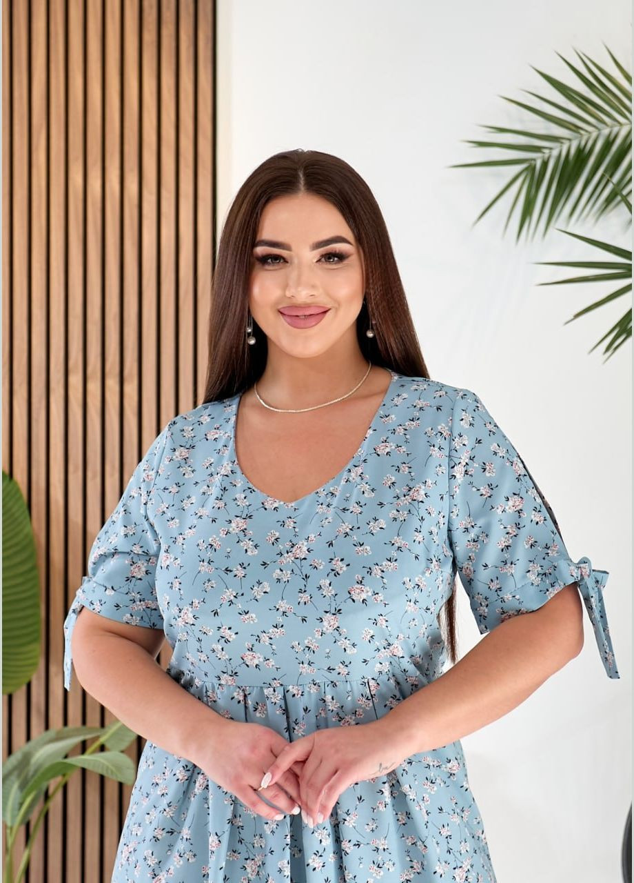 М'ятна літнє плаття міді вільного крою м'ятного кольору 33285 а-силует Fashion з квітковим принтом