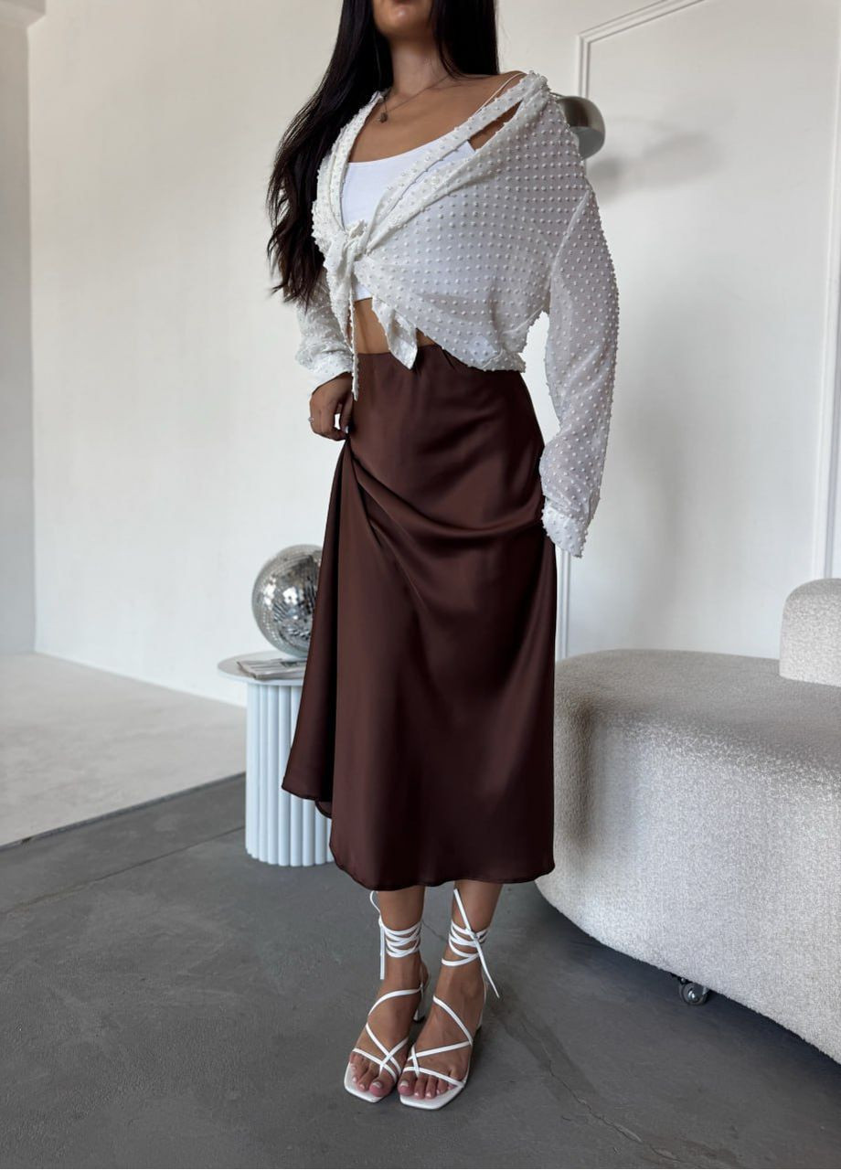 Коричневая праздничный, коктейльный, повседневная, вечерний, офисная, кэжуал однотонная женская шелковая юбка No Brand клешированная