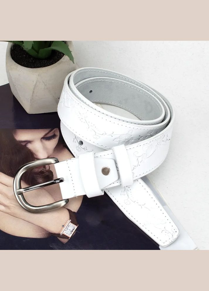 Ремень кожаный женский батал SF-3531 (145 см) белый с цветами SFIP (330224874)